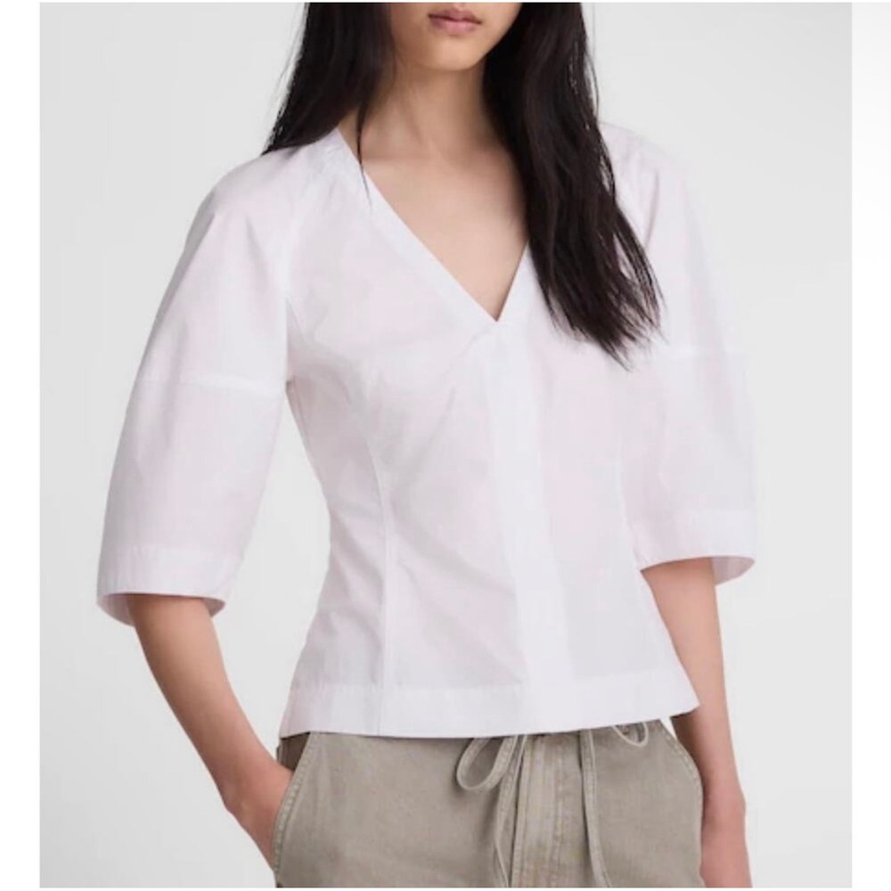 Madewell Sculptural V Neck Top in Poplin Size 4 White Cotton Minimalist Chic